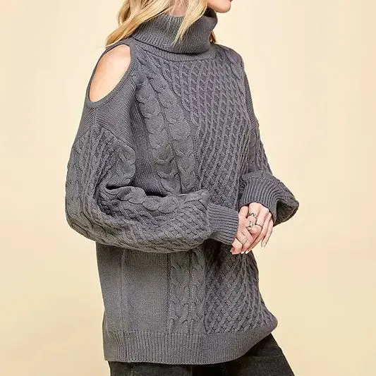 TURTLENECK COLD SHOULDER SWEATER - CLEARANCE
