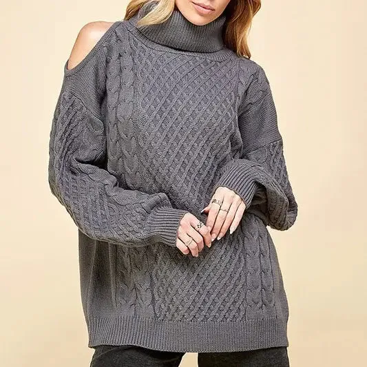 TURTLENECK COLD SHOULDER SWEATER - CLEARANCE