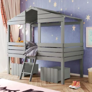 Twin Size Bed for Kids Low Loft with 2 Storage Drawers Roof and