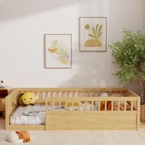 Twin Size Wood Kids Floor Beds Frame with Fence and High Guardrails