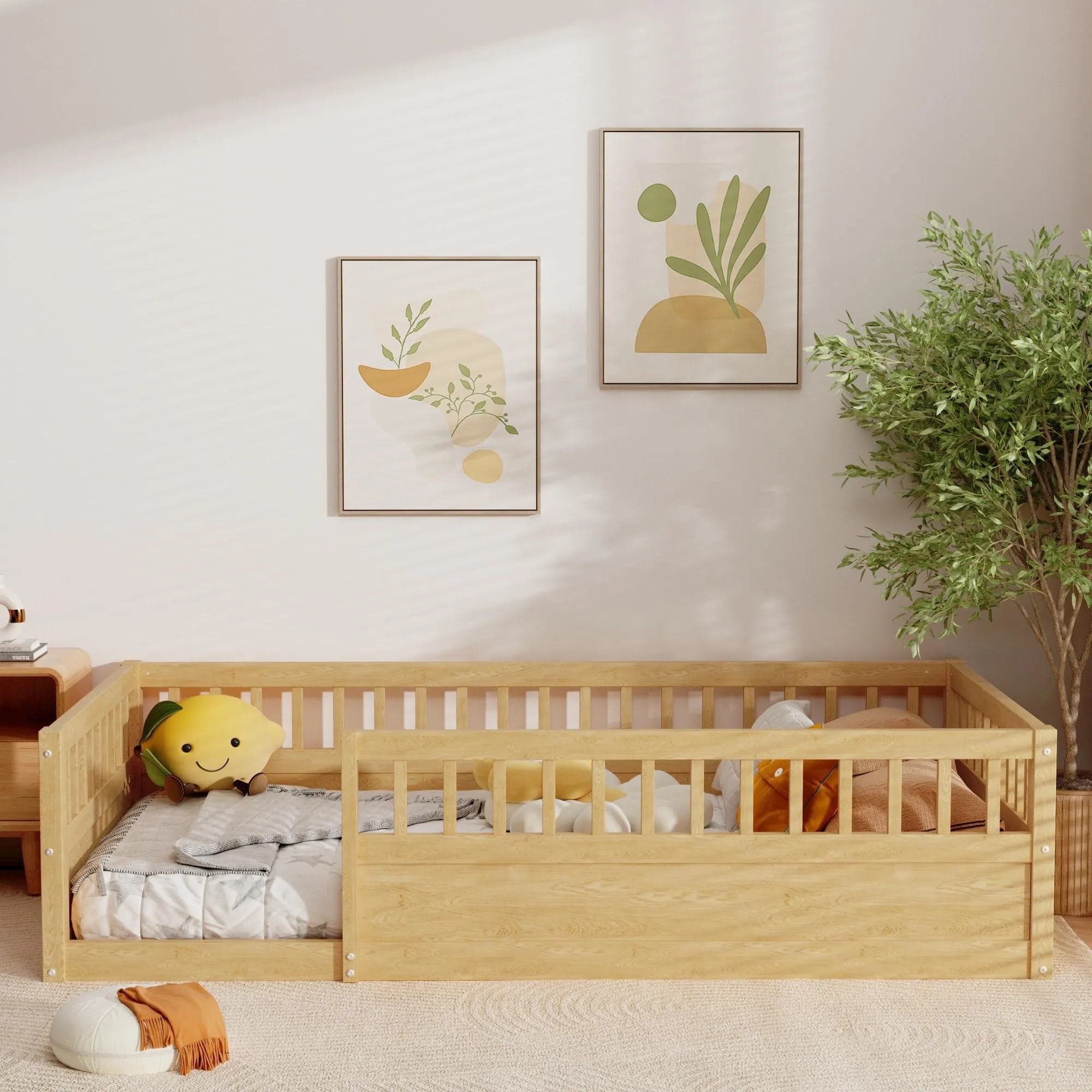 Twin Size Wood Kids Floor Beds Frame with Fence and High Guardrails