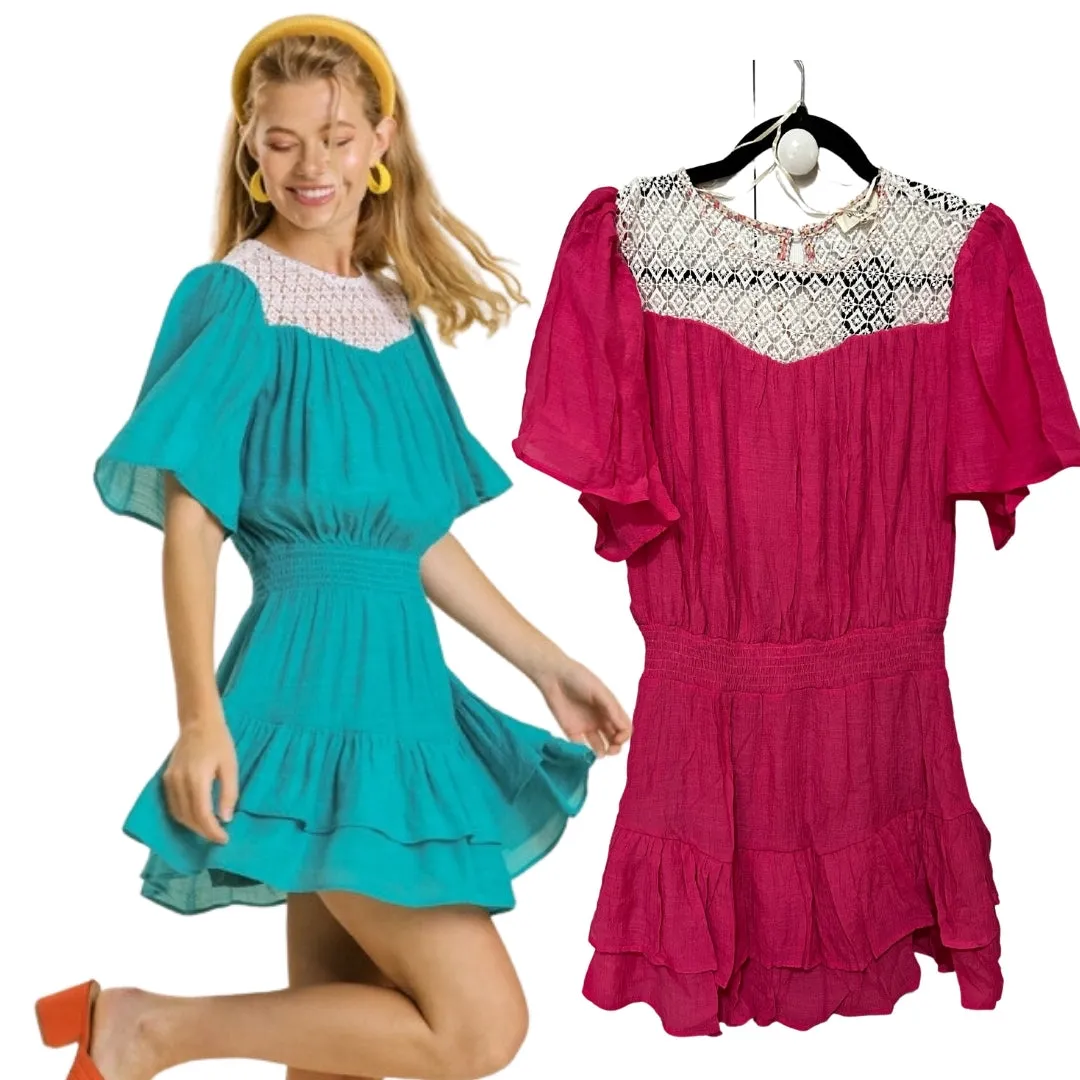 UMGEE Fuchsia Pink Short Bell Sleeve Dress with Ruffle Hem K6142