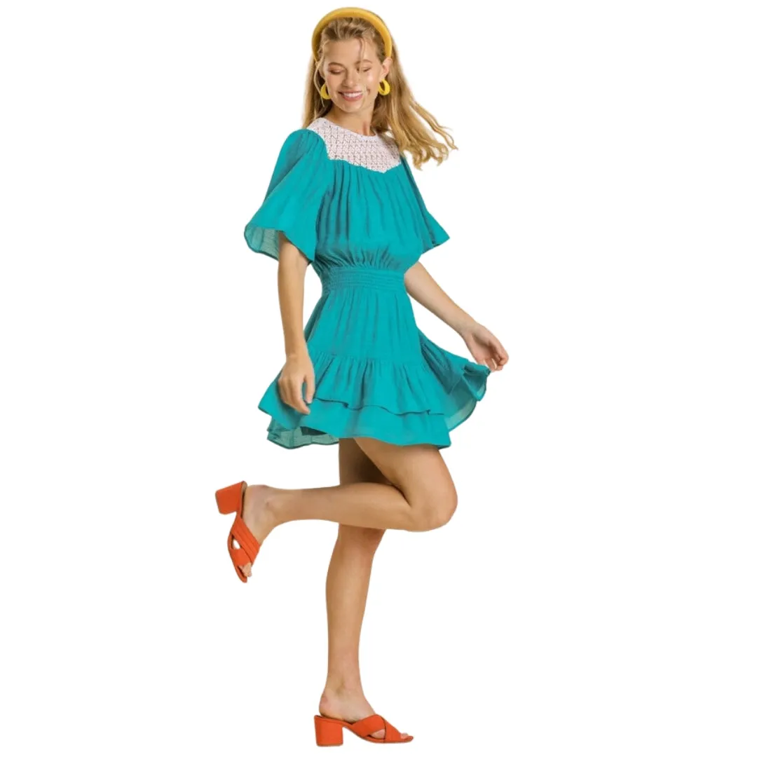 UMGEE Fuchsia Pink Short Bell Sleeve Dress with Ruffle Hem K6142