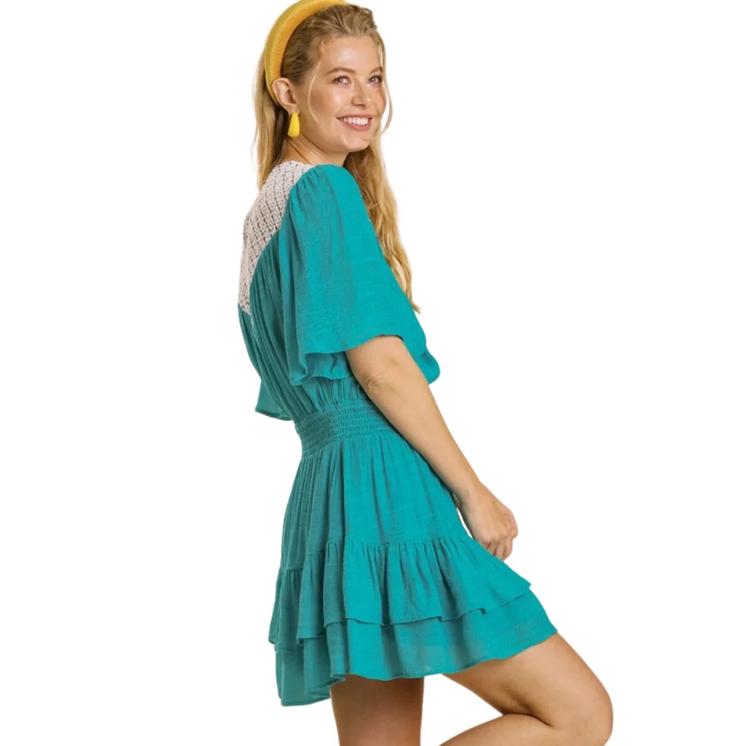 UMGEE Fuchsia Pink Short Bell Sleeve Dress with Ruffle Hem K6142