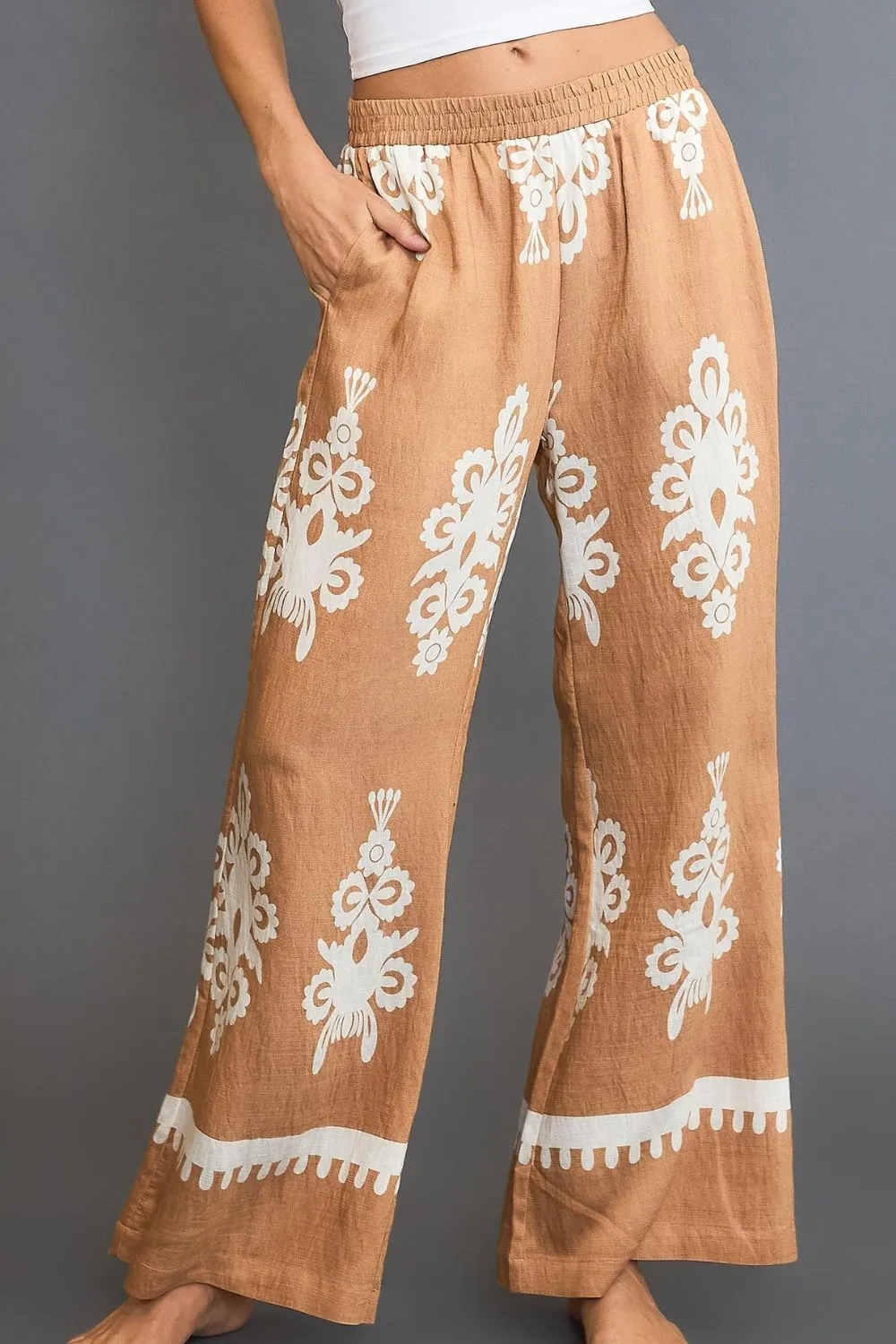 Umgee Full Size Border Print Wide Leg Pants S-2XL