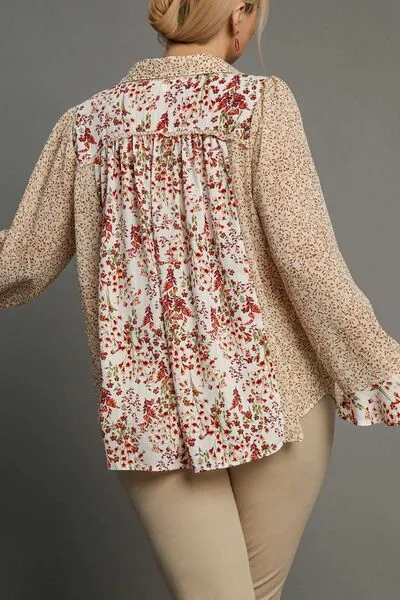 Umgee Full Size Mixed Print Metallic Detail Long Ruffle Sleeve Button Down Shirt Plus Size
