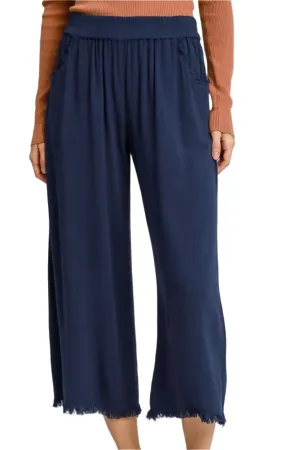 Umgee Linen Blend Elastic Waistband Wide Leg Pants