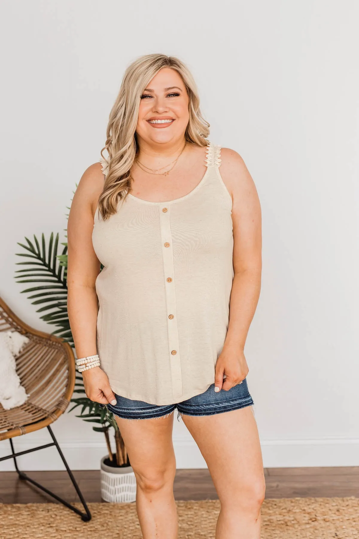 Under The Palm Trees Button Tank- Oatmeal