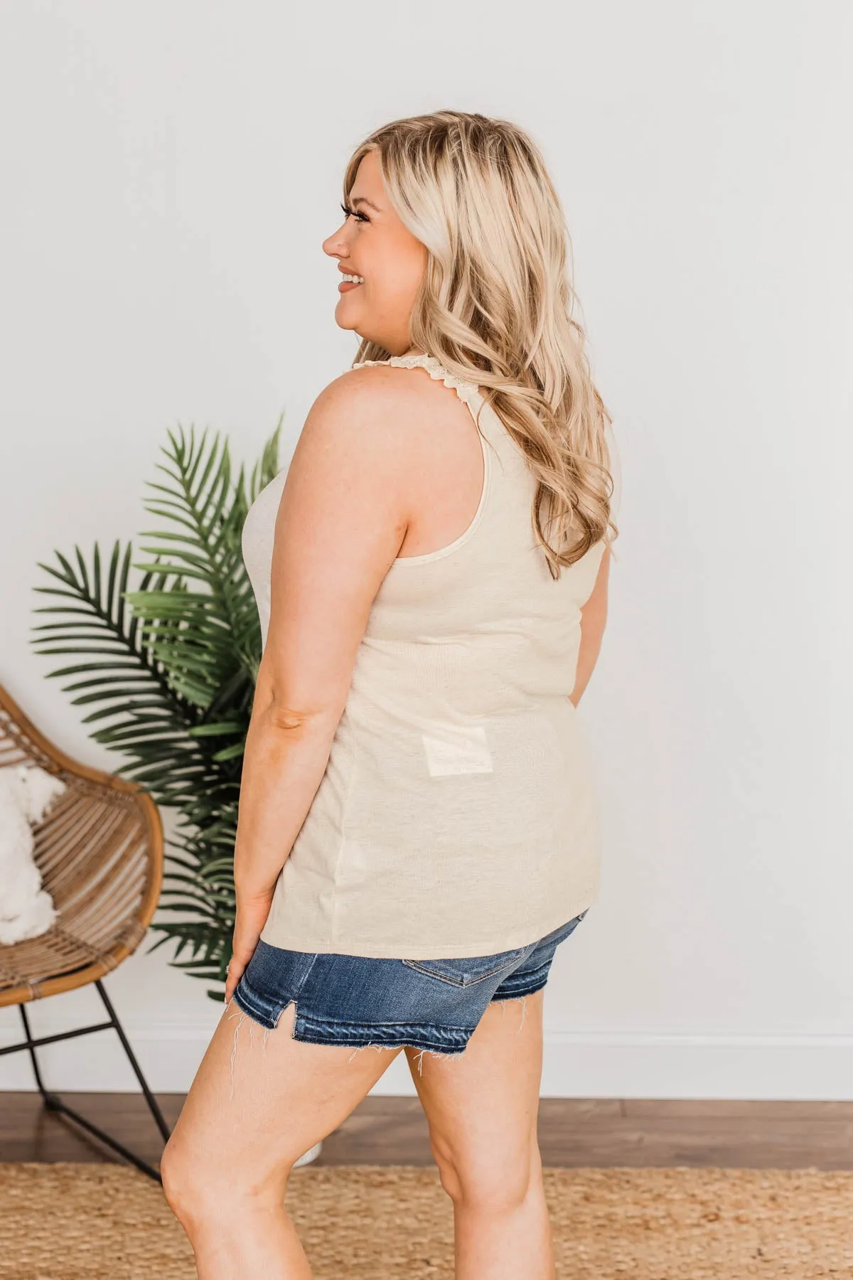 Under The Palm Trees Button Tank- Oatmeal