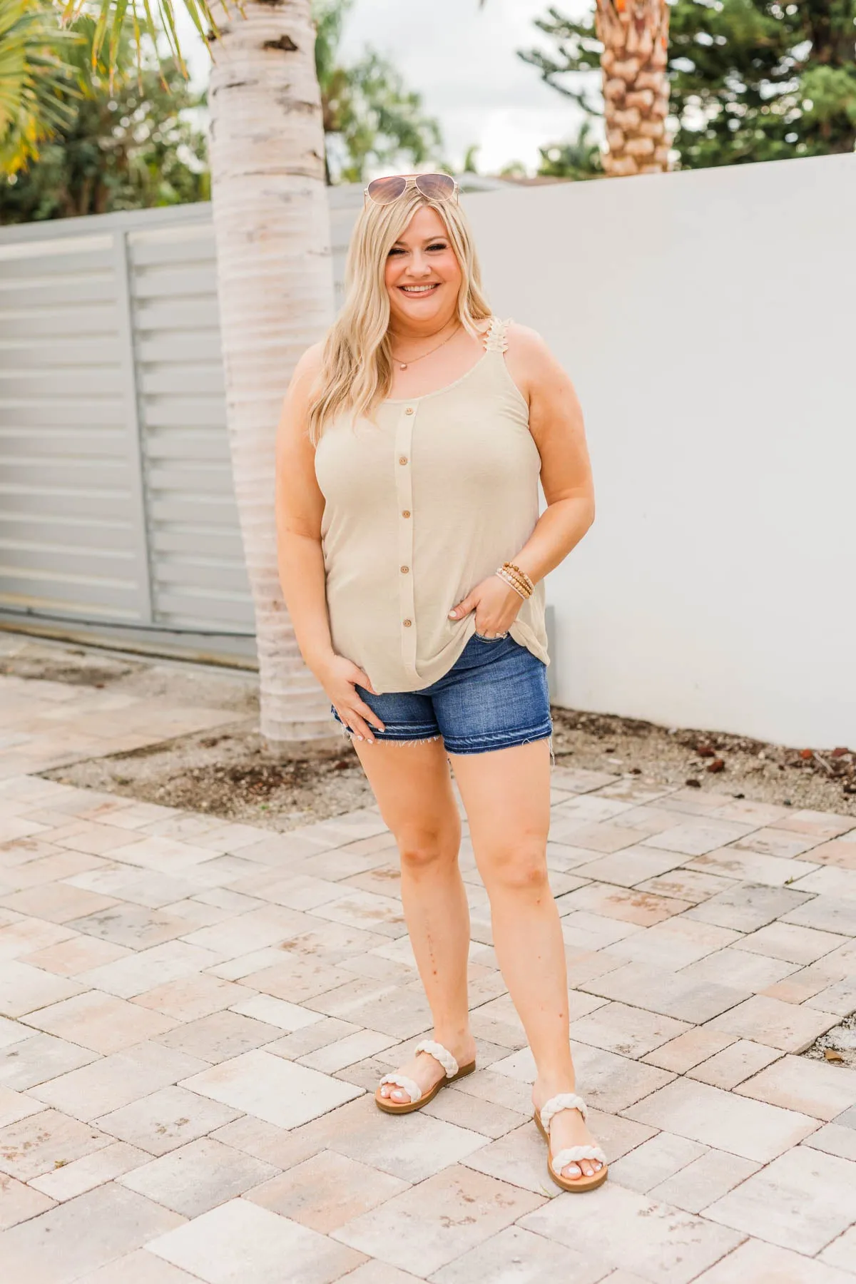 Under The Palm Trees Button Tank- Oatmeal
