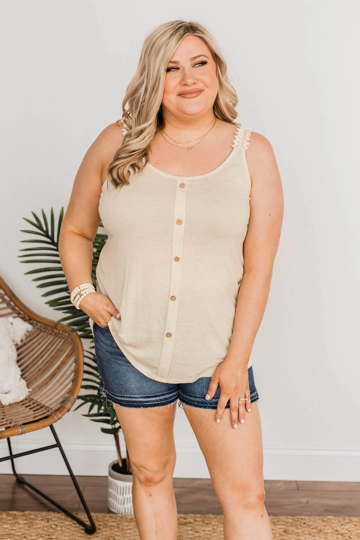 Under The Palm Trees Button Tank- Oatmeal