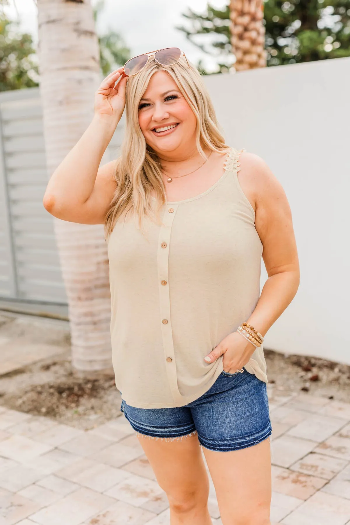 Under The Palm Trees Button Tank- Oatmeal