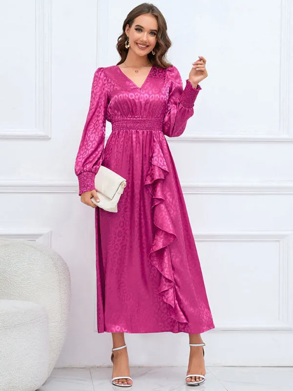V-neck Leopard Print Maxi Dress with Ruffle Detail