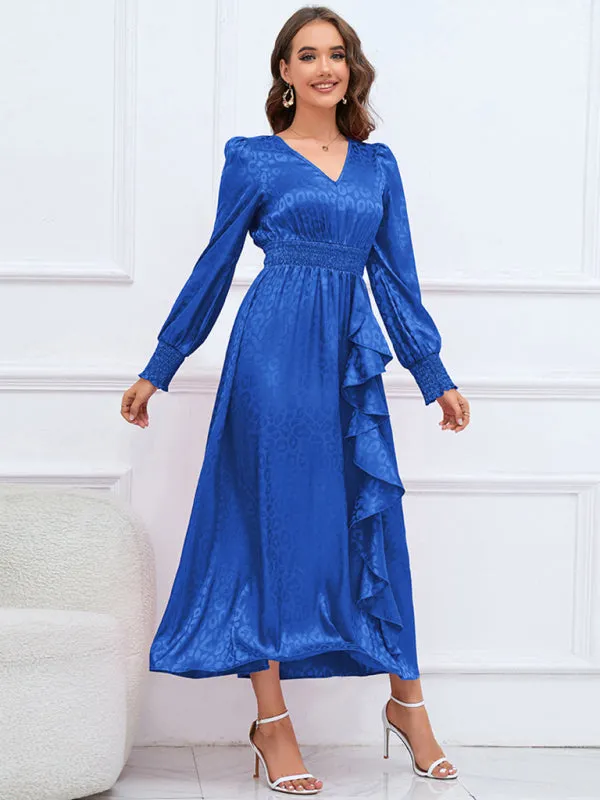 V-neck Leopard Print Maxi Dress with Ruffle Detail