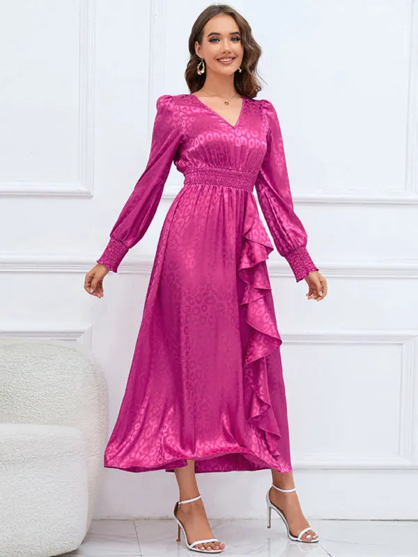 V-neck Leopard Print Maxi Dress with Ruffle Detail