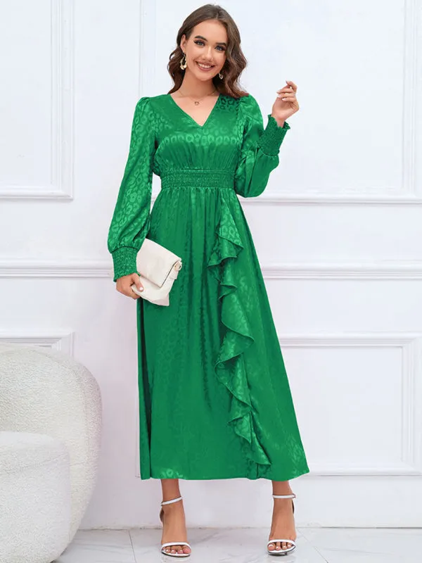 V-neck Leopard Print Maxi Dress with Ruffle Detail