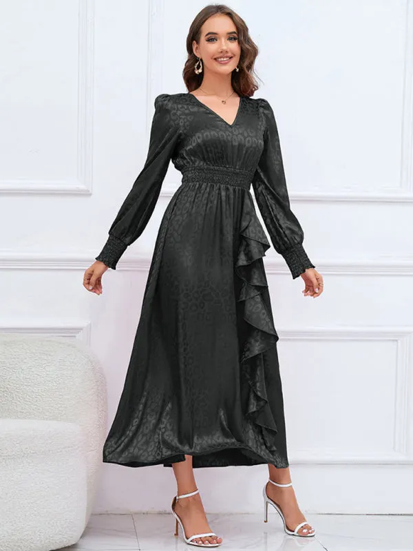 V-neck Leopard Print Maxi Dress with Ruffle Detail