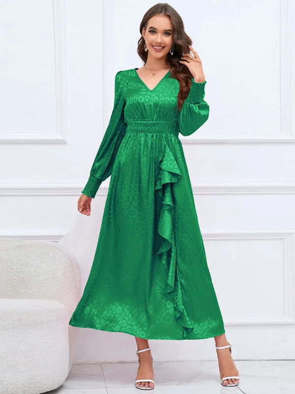 V-neck Leopard Print Maxi Dress with Ruffle Detail
