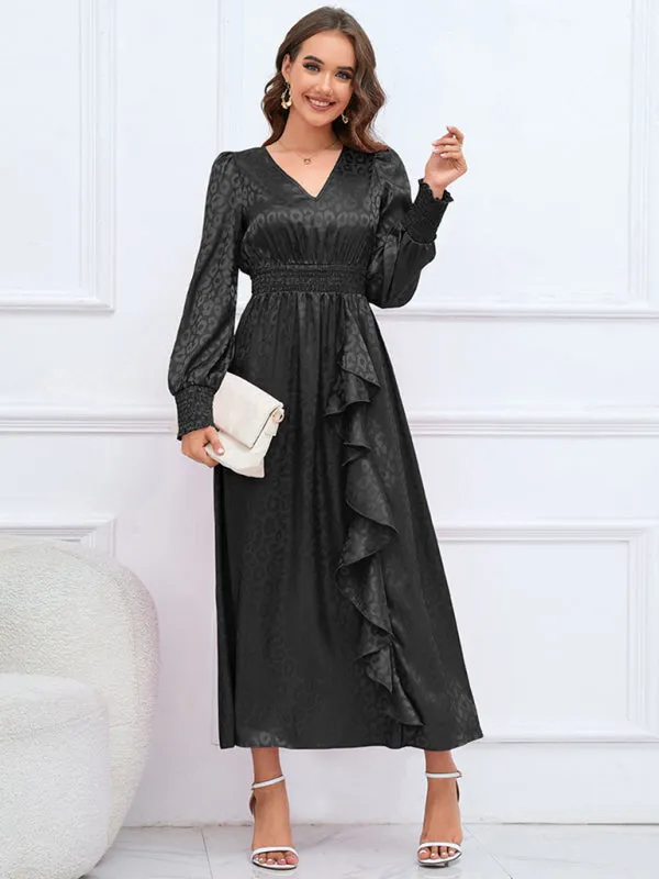 V-neck Leopard Print Maxi Dress with Ruffle Detail