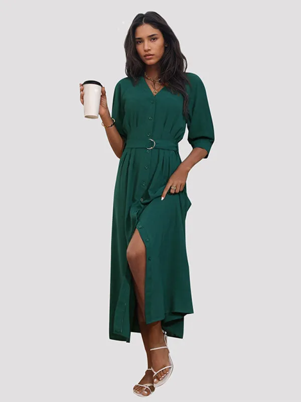 V-neck Maxi Dress with Button-Down Front and Belt