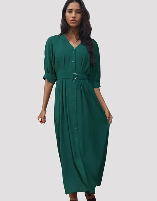 V-neck Maxi Dress with Button-Down Front and Belt