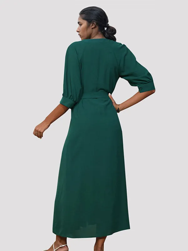 V-neck Maxi Dress with Button-Down Front and Belt