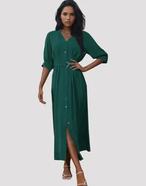 V-neck Maxi Dress with Button-Down Front and Belt