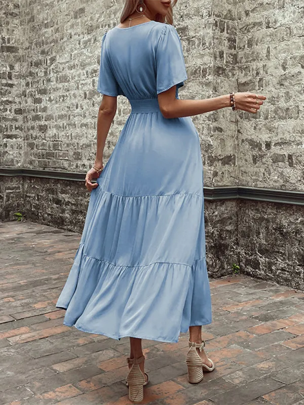 V-Neck Mid-Length Dress with Smocked Waist and Tiered Skirt