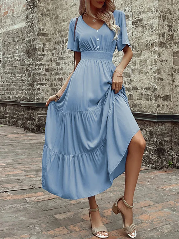 V-Neck Mid-Length Dress with Smocked Waist and Tiered Skirt