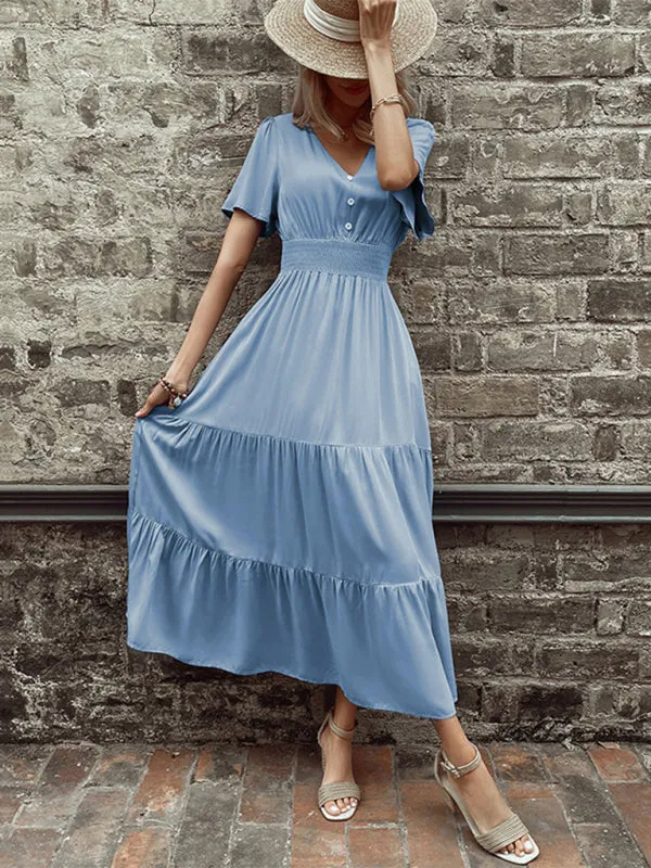 V-Neck Mid-Length Dress with Smocked Waist and Tiered Skirt