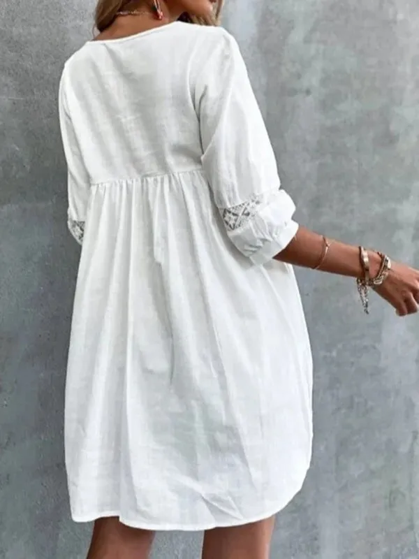 V-neck Mini Dress with Lace Detail and Mid Sleeves