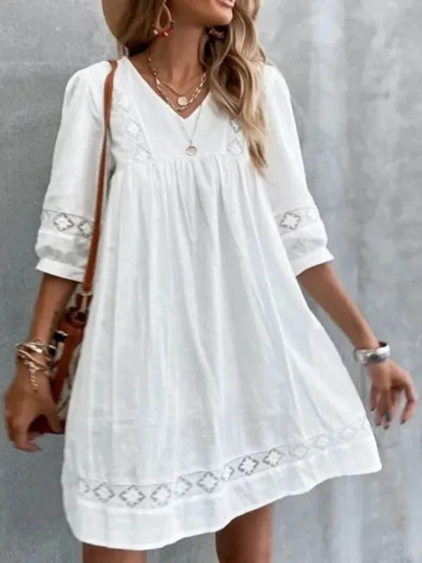 V-neck Mini Dress with Lace Detail and Mid Sleeves