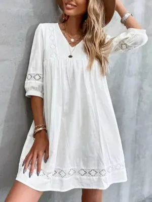 V-neck Mini Dress with Lace Detail and Mid Sleeves