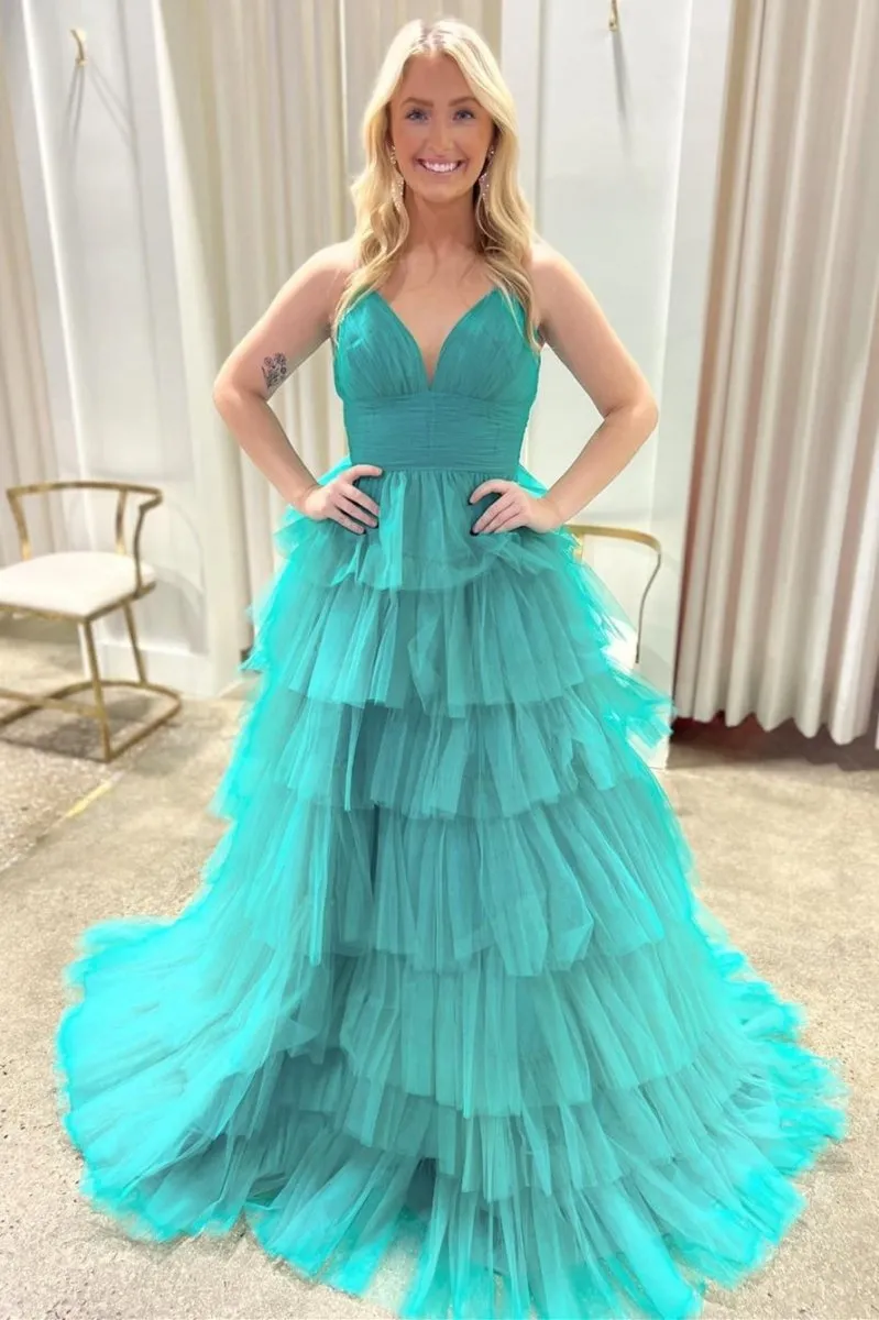 V-Neck Ruffle Tie Long Prom Gown