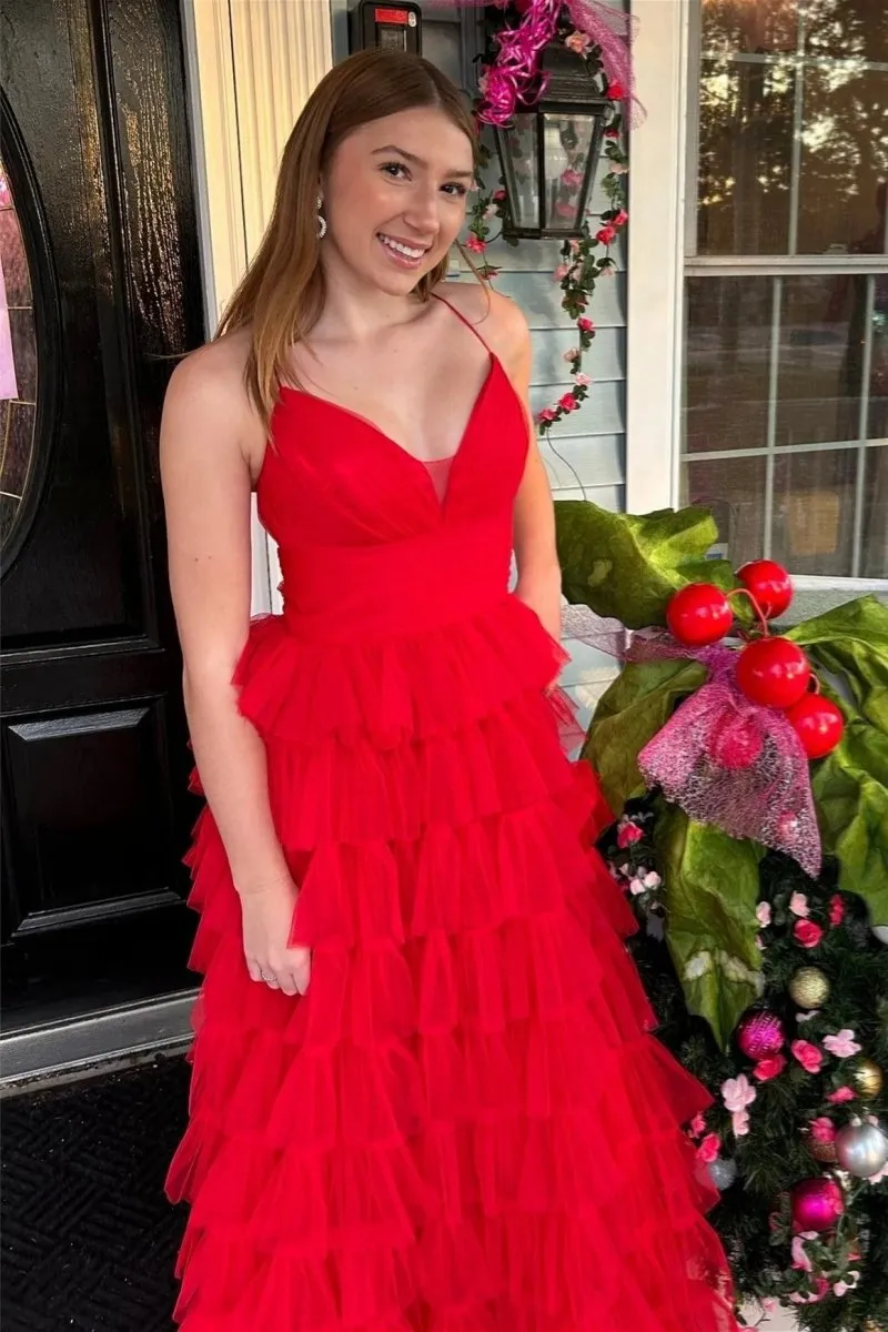 V-Neck Ruffle Tie Long Prom Gown