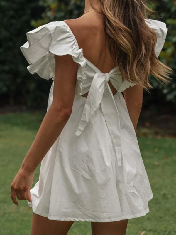 V-neck Short Dress with Ruffle Sleeves and Solid Print