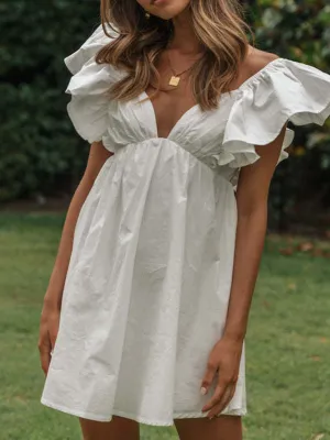 V-neck Short Dress with Ruffle Sleeves and Solid Print
