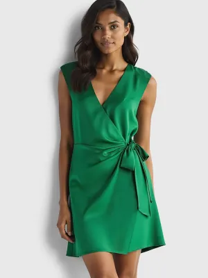 V Neck Wrap Satin Mini Dress