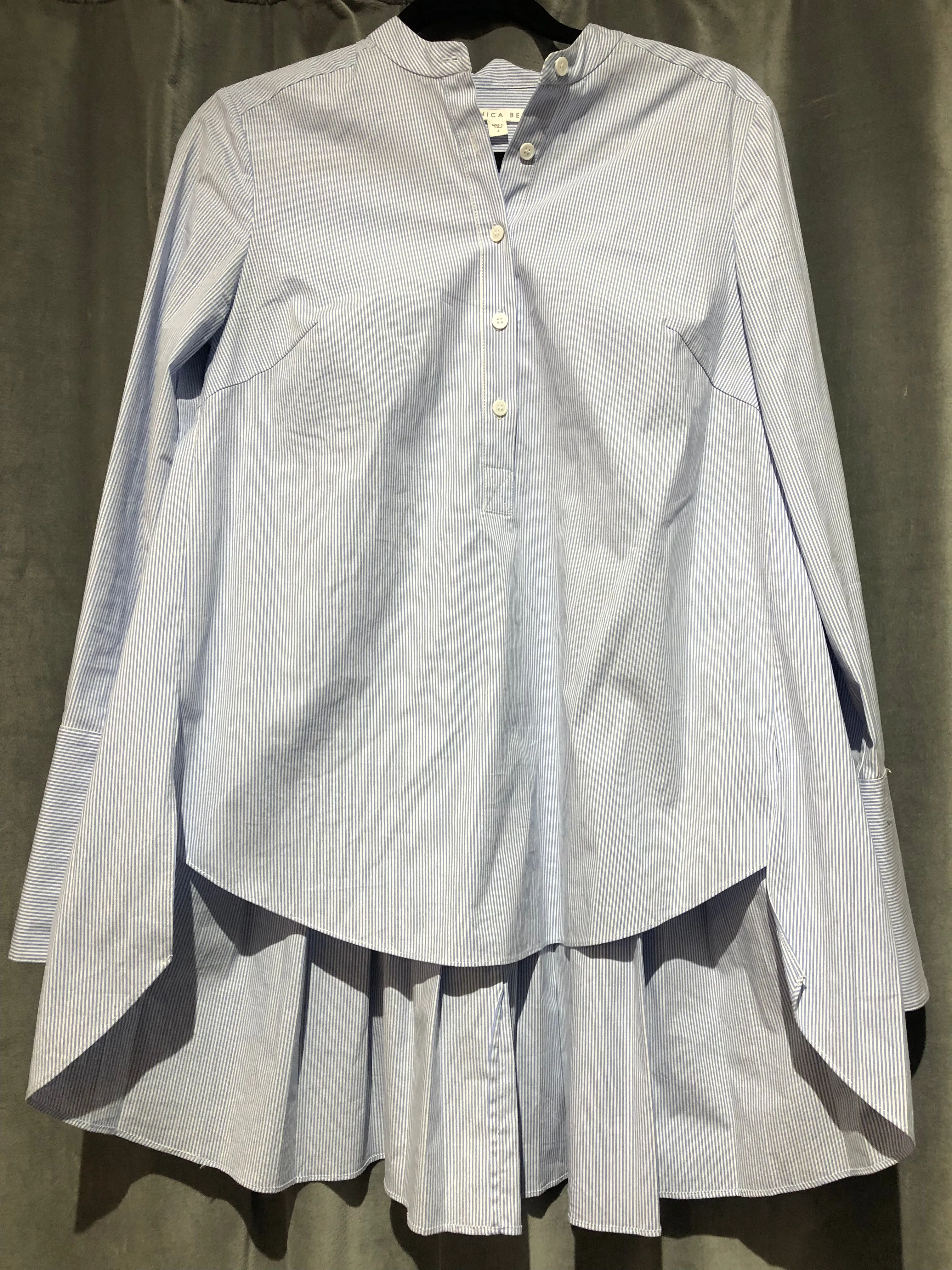 Veronica Beard Collarless Striped Half Button Top with Pleated Back