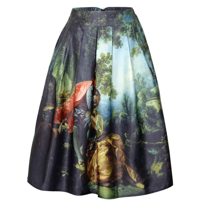Vintage Fantasy Oil Painting Print High Waist Midi Pleated Skirts Women