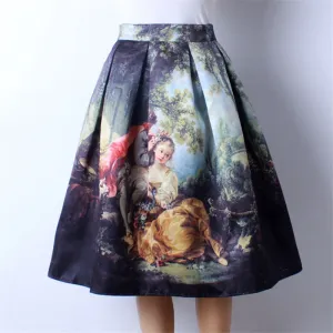 Vintage Fantasy Oil Painting Print High Waist Midi Pleated Skirts Women
