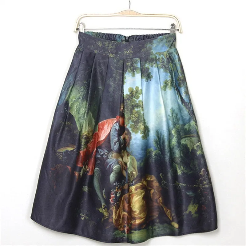 Vintage Fantasy Oil Painting Print High Waist Midi Pleated Skirts Women