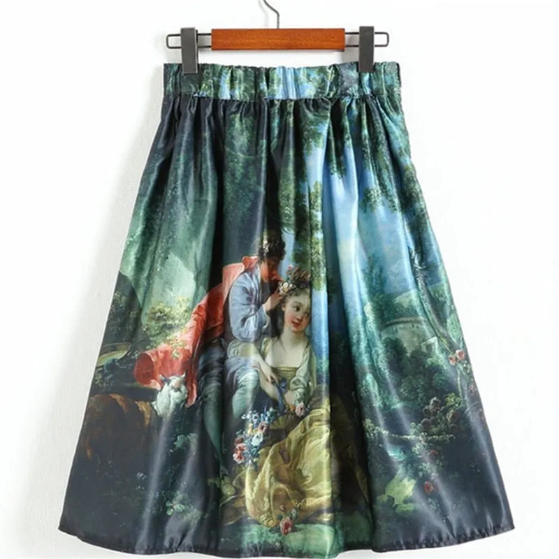 Vintage Fantasy Oil Painting Print High Waist Midi Pleated Skirts Women