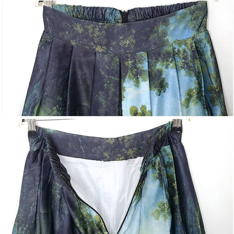 Vintage Fantasy Oil Painting Print High Waist Midi Pleated Skirts Women