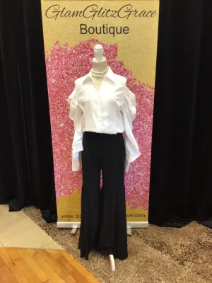 White Cold Shoulder Button Up Long Sleeves Top