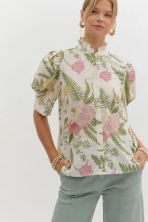White Floral Button Up Top