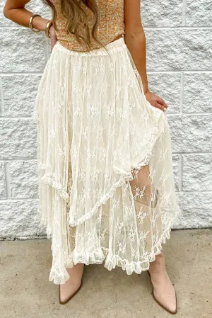 White Lace Ruffled High-low Hem Midi Skirt