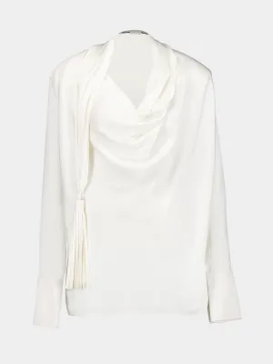 White Tasseled Draped Silk Blouse