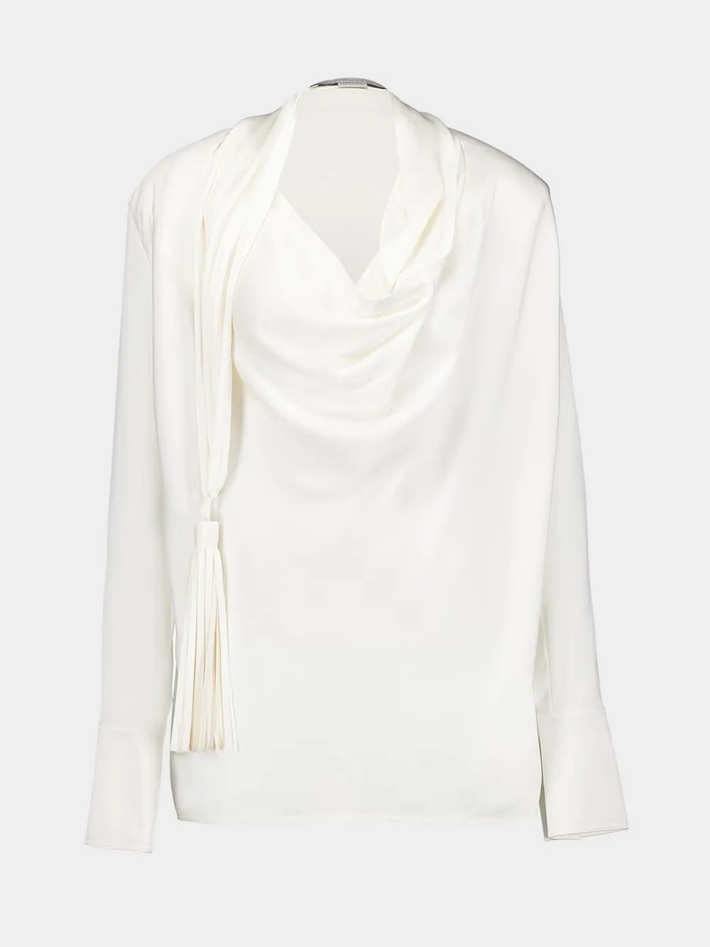 White Tasseled Draped Silk Blouse