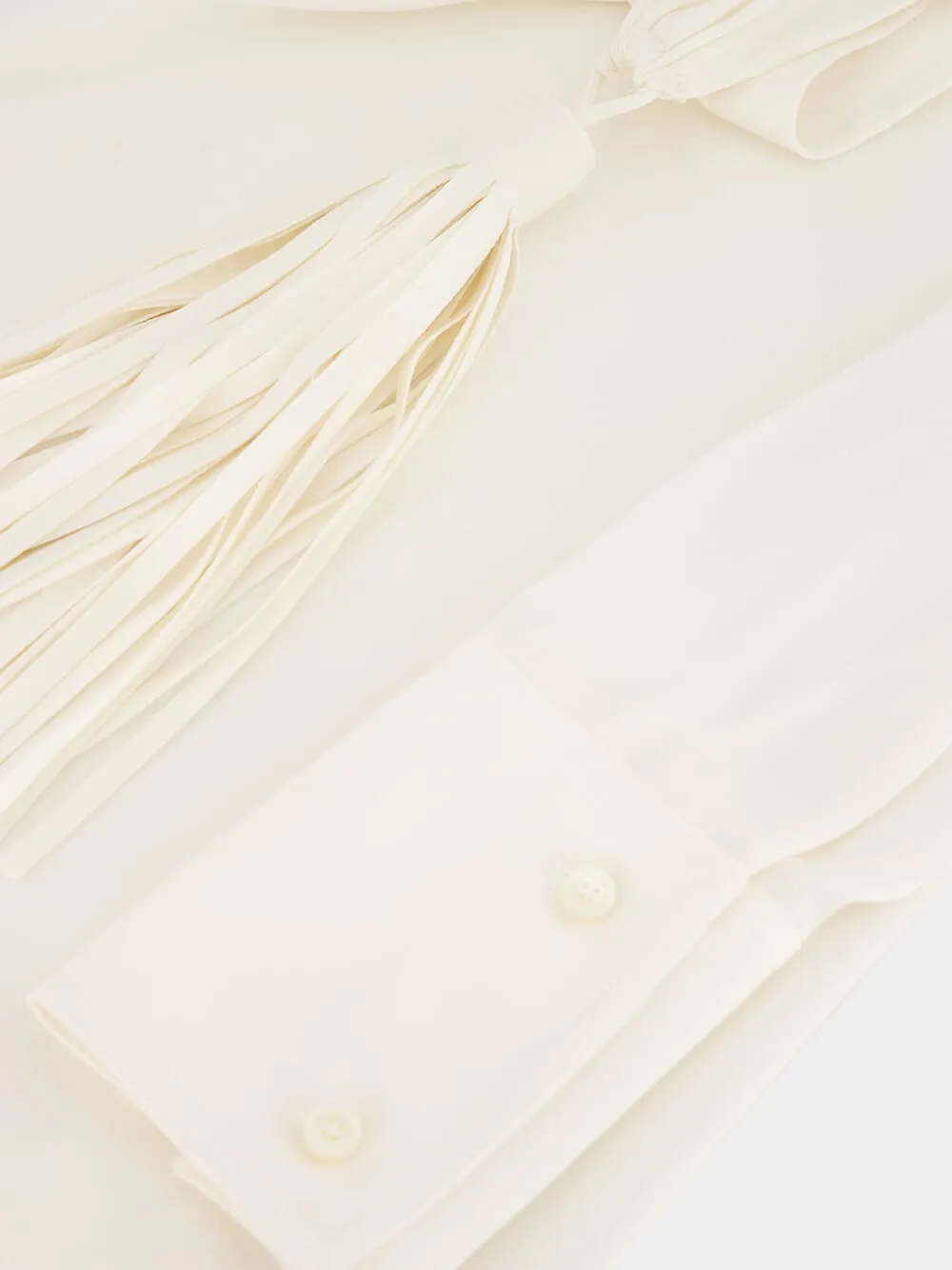 White Tasseled Draped Silk Blouse